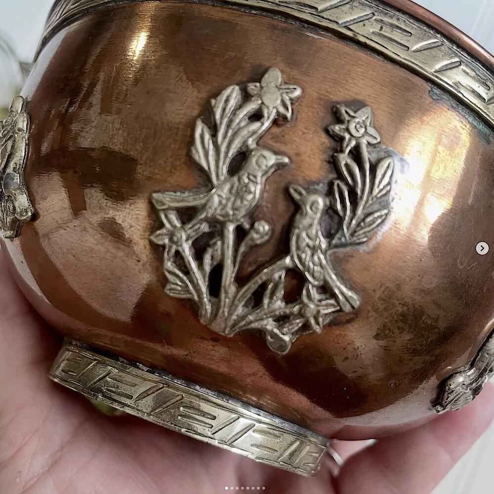 Vintage Unpolished Copper Metal Bowl Raised Carved Bird Flower Images